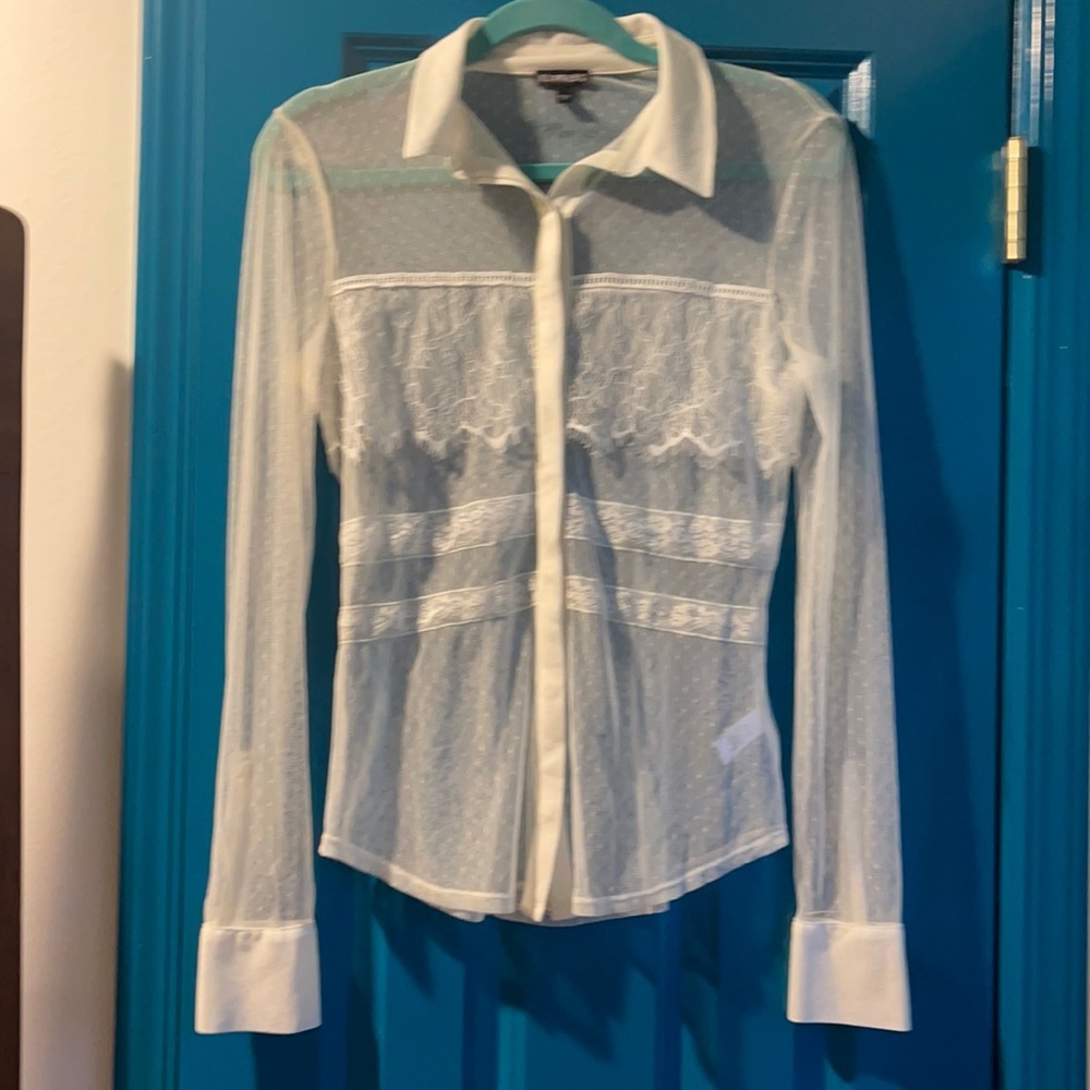 Express mesh cream button down shirt small